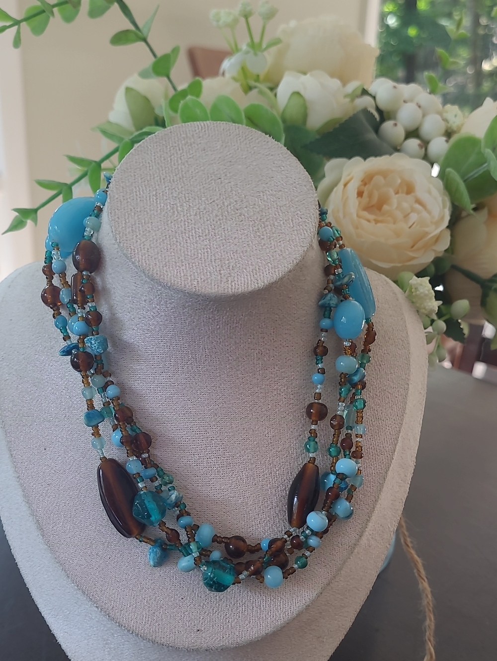 TURQUOISE BLUE & BROWN GLASS BEADS 29 Inches